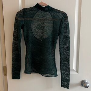 Little Moon Sheer Lace Long Sleeve Top - Dark Green